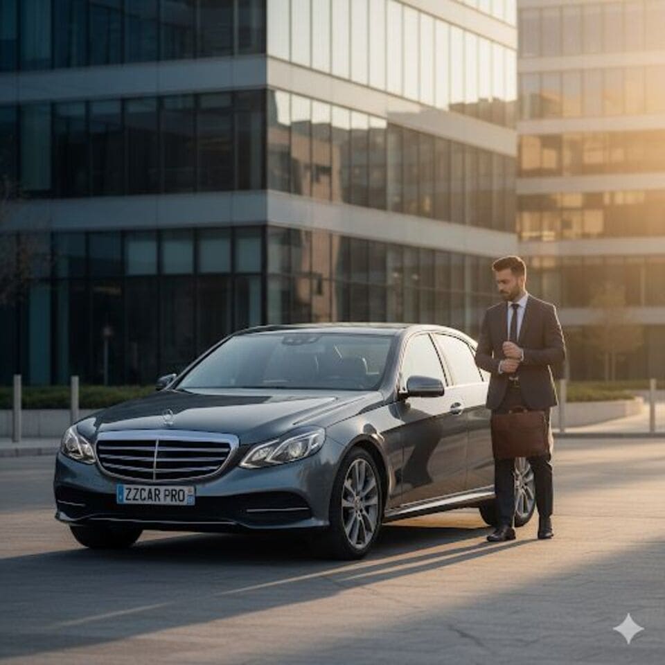 Un homme d'affaires en costume marron attend à côté d'une berline Mercedes grise devant un immeuble de bureaux moderne.