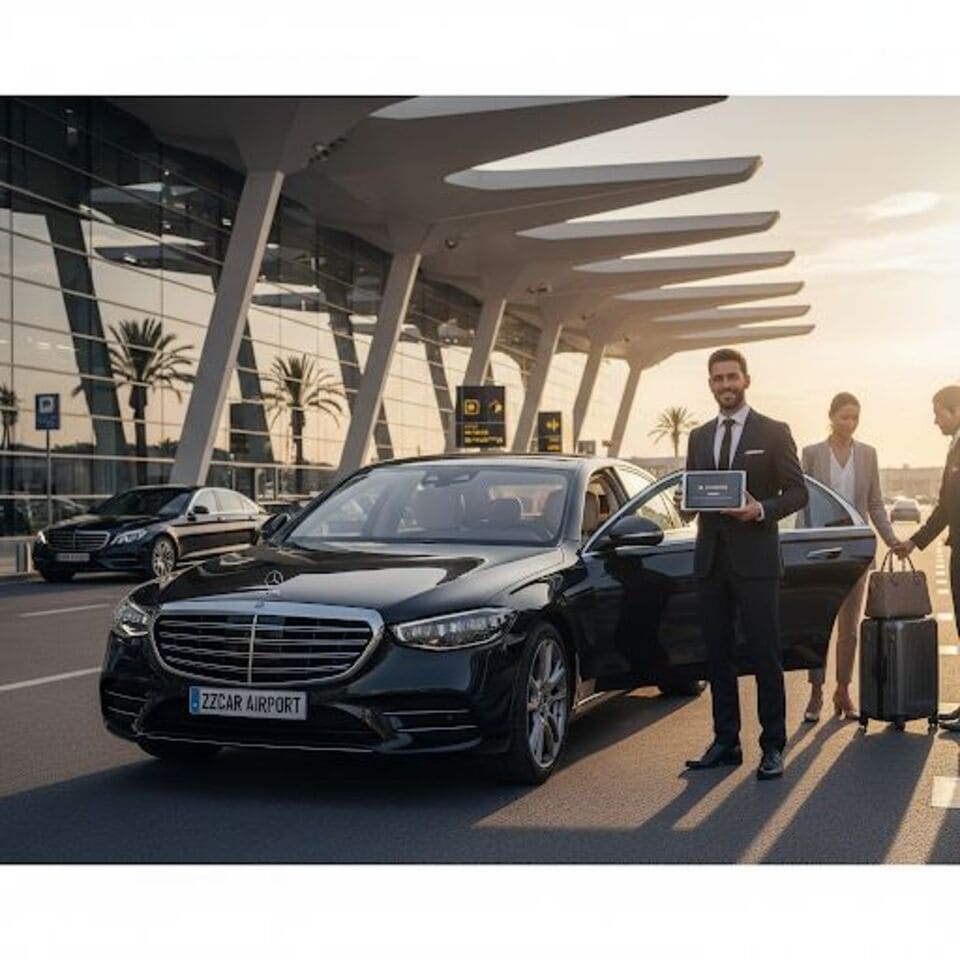 Un chauffeur en costume avec une tablette attend près d'une Mercedes S-Class devant un aéroport. Deux personnes avec des valises se tiennent à côté.Chauffeur VTC Aéroports, Gares, Ports