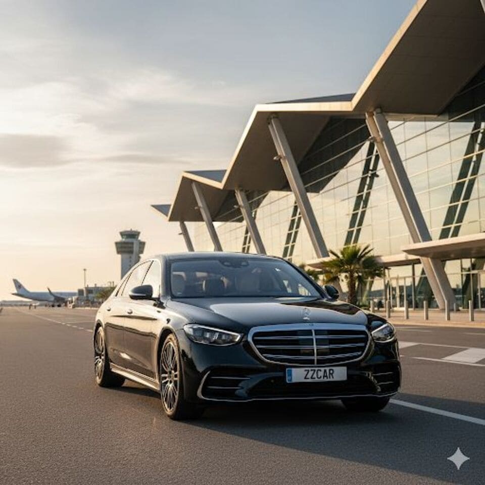 Mercedes Classe S noire garée sur la route de l'aéroport, avec un avion et un terminal moderne en arrière-plan.Chauffeur VTC Aéroport Marseille Provence