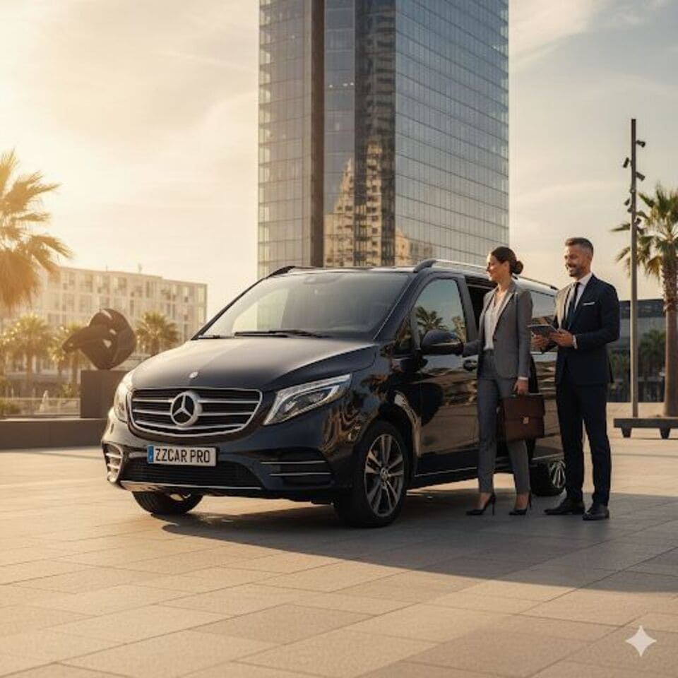 Un couple d'affaires professionnel se tient à côté d'un Mercedes Vito noir devant un immeuble moderne, suggérant un service de transport haut de gamme.