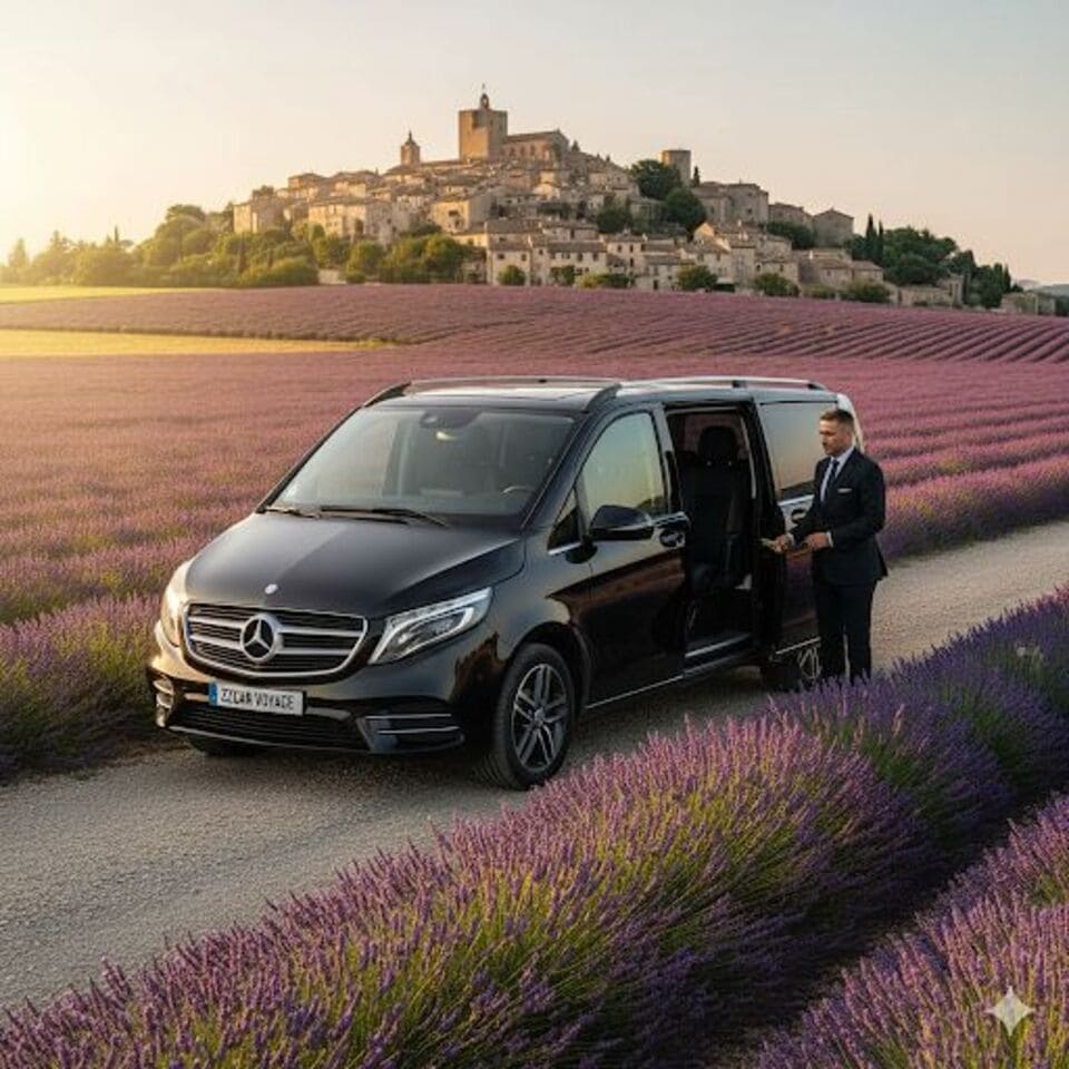 Un homme en costume ouvre la portière d'un van noir garé sur un chemin au milieu d'un champ de lavande, avec un village sur une colline en arrière-plan.