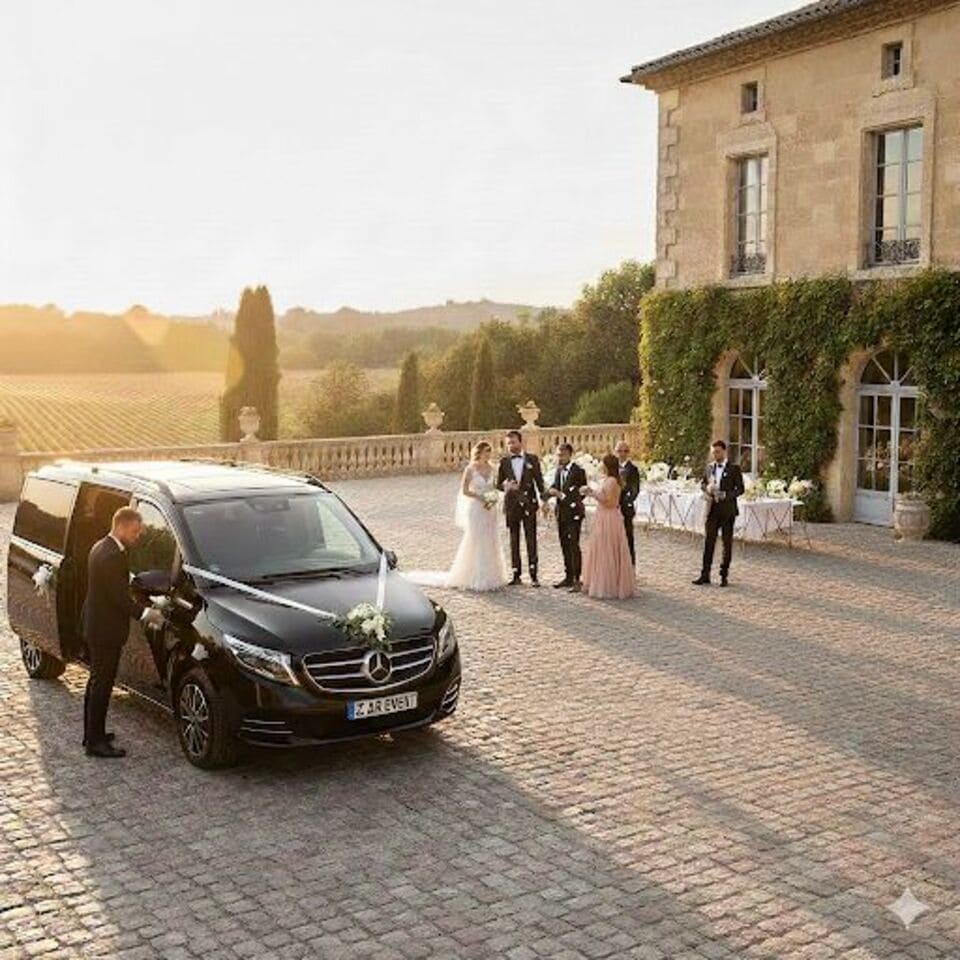 Mariés, cortège et van de luxe devant un hôtel dans un vignoble au coucher du soleil.