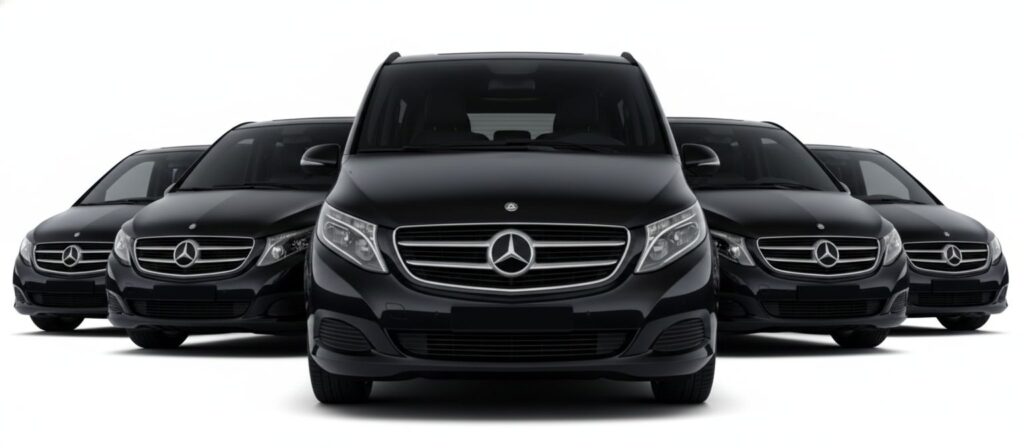 Devanture de cinq Mercedes-Benz Classe V noirs alignés en formation, sur un fond blanc.