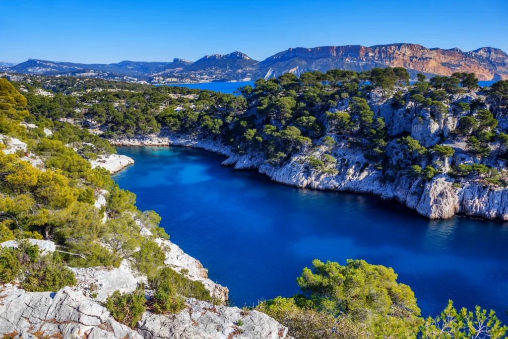 Vue plongeante sur une calanque aux eaux bleues d'une intensité magnifique, bordée par des falaises rocheuses et une végétation luxuriante de pins et de buissons. Chauffeur VTC Circuits Touristiques